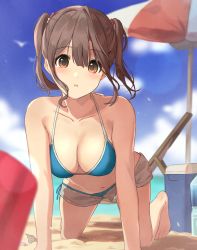 Rule 34 | 1girl, :o, akira tooru, all fours, barefoot, beach, beach chair, beach towel, beach umbrella, bikini, bikini under clothes, blue bikini, breasts, brown hair, cleavage, collarbone, cooler, day, denim, denim shorts, eyebrows hidden by hair, feet, hair between eyes, hair ornament, highres, large breasts, looking at viewer, navel, ocean, open fly, open mouth, original, outdoors, revision, short hair, short shorts, shorts, sidelocks, sky, solo, stomach, swimsuit, teeth, thighs, toes, towel, twintails, umbrella, unbuttoned, upper teeth only