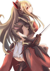 Rule 34 | 10s, 1girl, armor, armored dress, ass, bare shoulders, black thighhighs, blonde hair, boots, bow, breasts, brown footwear, cleavage, cross-laced footwear, dress, empty eyes, eneo, from side, granblue fantasy, hair between eyes, hair bow, hair ornament, lace-up boots, long hair, looking at viewer, ponytail, rapier, red eyes, short dress, solo, sword, thighhighs, vira (granblue fantasy), weapon