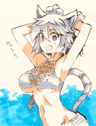 Rule 34 | 1girl, :d, animal ears, animal hands, armpits, arms up, bikini, blue eyes, breasts, cat ears, cat tail, cleavage, fang, kusanagi tonbo, large breasts, looking at viewer, marker (medium), navel, open mouth, original, silver hair, simple background, smile, solo, swimsuit, tail, traditional media, underboob