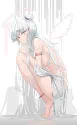 Rule 34 | 1girl, barefoot, blunt bangs, breasts, closed mouth, commentary request, dress, full body, genek, halo, legs, long hair, looking at viewer, medium breasts, original, red eyes, solo, squatting, thighs, toes, very long hair, white background, white dress, white hair, wings
