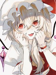 Rule 34 | 1girl, :d, absurdres, ascot, asymmetrical hair, blonde hair, blush, commentary, crystal, diamond-shaped pupils, diamond (shape), dress, eyebrows hidden by hair, fang, flandre scarlet, hat, hat ribbon, highres, holding, holding own hair, ikasoba, long hair, looking at viewer, mob cap, open mouth, puffy short sleeves, puffy sleeves, red dress, red eyes, red ribbon, ribbon, shirt, short sleeves, simple background, single wrist cuff, skin fang, smile, solo, symbol-shaped pupils, touhou, upper body, white background, white hat, white shirt, wings, wrist cuffs, yellow ascot