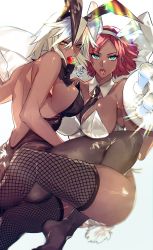 Rule 34 | 2girls, animal ears, bare shoulders, between breasts, black neckwear, bow, bowtie, breasts, collarbone, dark-skinned female, dark skin, detached collar, fake animal ears, fishnet legwear, fishnets, food, fruit, giovanna (guilty gear), green eyes, guilty gear, guilty gear strive, highres, large breasts, mouth hold, multiple girls, necktie, necktie between breasts, pantyhose, playboy bunny, rabbit ears, ramlethal valentine, red hair, roas01b, short hair, sideboob, signature, simple background, strawberry, thighhighs, tongue, tongue out, tray, white background, white hair, yellow eyes
