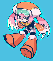 Rule 34 | 1girl, artist request, blue background, boots, call (mighty no. 9), dated, full body, goggles, goggles on head, knee boots, long hair, mighty no. 9, pink eyes, pink hair, robot, simple background, smile, solo, twintails