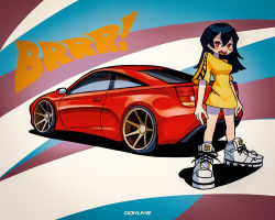 Rule 34 | 1girl, artist name, black hair, blouse, blush, bokuya, breasts, brown eyes, car, highres, long hair, looking at viewer, medium breasts, motor vehicle, open hands, original, shirt, shoes, sneakers, sports car, tail lights, toon (style), toyota, toyota celica, toyota celica t230, vehicle focus, white footwear, yellow shirt