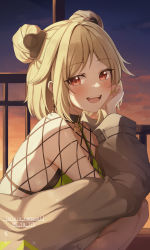 Rule 34 | 1girl, :d, absurdres, blonde hair, brown jacket, commentary request, commission, double bun, fishnets, girls&#039; frontline, gya (144), hair bun, highres, jacket, lock, long sleeves, looking at viewer, open mouth, p90 (girls&#039; frontline), padlock, padlocked collar, parted bangs, pixiv commission, red eyes, short hair, smile, solo, squatting, teeth, upper teeth only