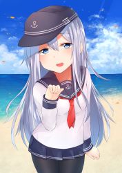 Rule 34 | 10s, 1girl, absurdres, anchor symbol, beach, black pantyhose, blue eyes, commentary request, day, fang, flat cap, hat, hibiki (kancolle), highres, hoshimiya aki, kantai collection, long hair, long sleeves, looking at viewer, miniskirt, neckerchief, open mouth, outdoors, pantyhose, pleated skirt, sand, school uniform, serafuku, silver hair, skirt, solo, water