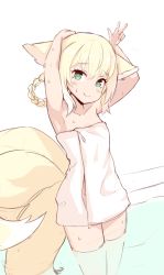 Rule 34 | 1girl, animal ears, arknights, armpits, blonde hair, blush, braid, closed mouth, embarrassed, flat chest, fox ears, fox tail, green eyes, hand up, hands up, jalm, looking at viewer, multiple tails, naked towel, smile, solo, suzuran (arknights), tail, towel, w, wading, wet