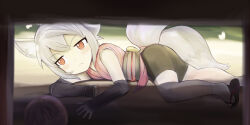 Rule 34 | 1girl, animal ear fluff, animal ears, archived source, ball, bike shorts, black shorts, bug, butterfly, closed mouth, day, dougi, fox ears, fox girl, fox tail, frown, grey hair, insect, japanese clothes, jitome, kitsune, kitsu (mon-musu quest!), light blush, mon-musu quest!, monster girl, multiple tails, on ground, porch, red eyes, shadow, short hair, shorts, socks, solo, tabi, tail, un do, vambraces, white socks