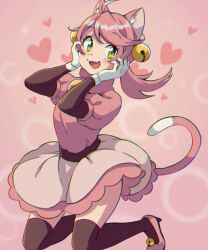 Rule 34 | 1girl, ahoge, animal ear fluff, animal ears, bell, black thighhighs, blush, cat ears, cat tail, eyelashes, fang, gloves, green eyes, hair bell, hair ornament, highres, kneeling, looking at viewer, mad mew mew, open mouth, pink background, pink footwear, pink hair, pink shirt, pink skirt, shifumame, shirt, skirt, solo, tail, thighhighs, undertale, white gloves