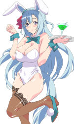 Rule 34 | 1girl, absurdres, animal ears, bare shoulders, black thighhighs, blue bow, blue bowtie, blue footwear, blue hair, blush, bow, bowtie, braid, breasts, cleavage, closed mouth, cocktail glass, commentary request, covered navel, crown braid, cup, detached collar, drinking glass, ear covers, ear ornament, hair between eyes, high heels, highleg, highleg leotard, highres, holding, holding tray, horse ears, horse girl, horse tail, kazakoshi nonta, lace, lace-trimmed thighhighs, large breasts, leotard, light blue hair, long hair, mejiro ardan (umamusume), nontraditional playboy bunny, purple eyes, simple background, smile, solo, standing, standing on one leg, strapless, strapless leotard, tail, thighhighs, tray, umamusume, very long hair, white background, white leotard, wrist cuffs