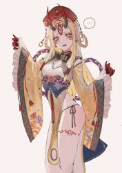 Rule 34 | 1girl, absurdres, black nails, blonde hair, blush, braid, chinese clothes, colored skin, commentary request, detached sleeves, fate/grand order, fate (series), fingernails, gold can, hat, highres, horns, ibaraki douji (fate), leg tattoo, long fingernails, nail polish, open mouth, panties, red skin, sharp fingernails, simple background, solo, spoken blush, string panties, tassel, tattoo, underwear, yellow eyes, yin yang