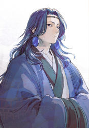 Rule 34 | 1boy, blue hair, blue robe, earrings, expressionless, hands in opposite sleeves, highres, jewelry, lanxi zhen, laojun (the legend of luoxiaohei), long hair, looking at viewer, micho, robe, shadow, simple background, solo, luo xiaohei zhanji, white background