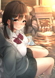 Rule 34 | 1girl, ashiyu, bad id, bad pixiv id, black hair, black skirt, blurry, blurry background, blush, bow, bowtie, breasts, buttons, closed mouth, collared shirt, commentary request, depth of field, drawstring, grey jacket, hair ornament, hair over shoulder, hairclip, highres, hood, hood down, hooded jacket, jacket, large breasts, long hair, long sleeves, looking at viewer, low-tied long hair, miniskirt, open clothes, open jacket, original, outdoors, partially unzipped, pleated skirt, red bow, red bowtie, rerrere, ripples, school uniform, shirt, sidelocks, sitting, skirt, smile, soaking feet, solo, striped bow, striped bowtie, striped clothes, striped neckwear, thighs, water, white shirt, zipper