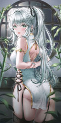 1girl absurdres armlet ass bad_id bad_twitter_id bamboo bare_shoulders black_thighhighs blush from_behind garter_straps green_eyes grey_hair highres jewelry long_hair looking_at_viewer looking_back mole mole_under_eye original parted_lips ponytail smile solo thighhighs thighs wol_(wol_927)