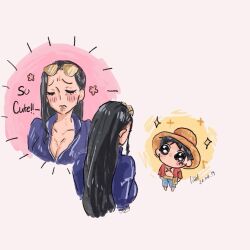 Rule 34 | 1boy, 1girl, back, black hair, blue jacket, blue shorts, blush, breasts, chibi, cleavage, closed eyes, commentary, dated, eyewear on head, gocha rin, hat, jacket, large breasts, long hair, monkey d. luffy, nico robin, one piece, open clothes, open shirt, red shirt, sash, scar, scar on chest, scar on face, shirt, shorts, signature, straw hat, yellow sash