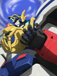 Rule 34 | day, from below, highres, looking down, mecha, might gaine, no humans, outdoors, robot, sky, solo, taro, yuusha series, yuusha tokkyuu might gaine