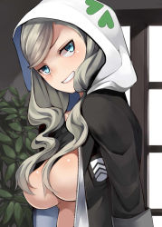 Rule 34 | 1girl, blazer, blue eyes, breasts, censored nipples, convenient censoring, from side, green hair, hair censor, hair over breasts, half-closed eyes, highres, hood, hoodie, jacket, long sleeves, looking at viewer, medium breasts, naked hoodie, nemu (nebusokugimi), no bra, persona, persona 5, smile, smug, solo, takamaki anne, twintails, unzipped