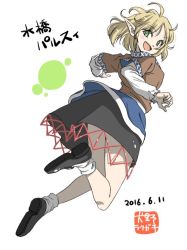 Rule 34 | 1girl, arm support, blonde hair, character name, dated, full body, green eyes, inuno rakugaki, japanese clothes, leg up, looking back, mizuhashi parsee, open mouth, pointy ears, solo, touhou, white background