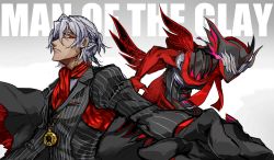 Rule 34 | 2boys, antonio salieri (fate), antonio salieri (first ascension) (fate), antonio salieri (second ascension) (fate), ascot, black gloves, closed mouth, dual persona, english text, engrish text, fate/grand order, fate (series), formal, gloves, gradient background, grey background, grey hair, half updo, jewelry, looking at viewer, male focus, mask, multiple boys, necklace, nonono nagata, pinstripe pattern, ranguage, red ascot, red eyes, red gloves, striped, suit, upper body, white background