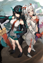 Rule 34 | 2girls, absurdres, arknights, bandana, bandeau, black footwear, black hair, black jacket, boots, breasts, china dress, chinese clothes, cleavage, cleavage cutout, clothing cutout, collarbone, colored skin, dragon girl, dragon horns, dragon tail, dress, dusk (arknights), ear piercing, flame-tipped tail, full body, green hair, green skin, hair over one eye, highres, holding, holding sword, holding weapon, horns, jacket, large breasts, long hair, looking at viewer, midriff, molyb, multicolored hair, multiple girls, navel, necktie, nian (arknights), open clothes, open jacket, piercing, pointy ears, ponytail, purple eyes, red bandana, red bandeau, red eyes, red necktie, red skin, sleeveless, sleeveless dress, standing, strapless, streaked hair, sword, tail, tube top, weapon, white footwear, white hair, white jacket
