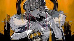 Rule 34 | 1girl, barbed wire, black collar, coat, collar, commentary request, crown, unworn crown, english text, finger to mouth, fur-trimmed coat, fur trim, highres, holding, holding crown, hololive, horns, king (vocaloid), looking at viewer, orange background, orange eyes, orange theme, second-party source, sheep horns, smile, solo, song name, teeth, throne, tsumeki, tsunomaki watame, virtual youtuber, vocaloid