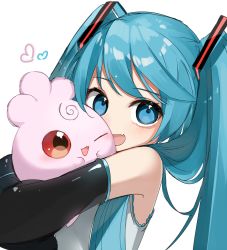 Rule 34 | 1girl, ;d, bare shoulders, black sleeves, blue eyes, blue hair, commentary request, creatures (company), crossover, detached sleeves, game freak, gen 2 pokemon, hatsune miku, heart, highres, hug, igglybuff, long hair, long sleeves, looking at viewer, nintendo, one eye closed, open mouth, pokemon, pokemon (creature), red eyes, reirou (chokoonnpu), shirt, simple background, sleeveless, sleeveless shirt, smile, twintails, upper body, vocaloid, white background, white shirt