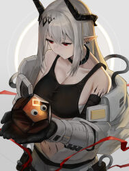 Rule 34 | 1girl, arknights, bare shoulders, beruko14, black choker, black gloves, breasts, choker, cleavage, collarbone, commentary, ear piercing, english commentary, everything everywhere all at once, gloves, googly eyes, highres, holding, horns, large breasts, long hair, long sleeves, looking at object, mudrock (arknights), mudrock (elite ii) (arknights), navel, off shoulder, parted lips, piercing, pointy ears, red eyes, sidelocks, solo, white hair