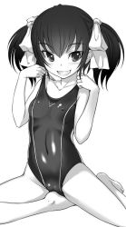 Rule 34 | 1girl, blush, bosshi, breasts, collarbone, competition swimsuit, covered navel, covered erect nipples, greyscale, grin, hair ribbon, jpeg artifacts, looking at viewer, monochrome, one-piece swimsuit, original, ribbon, short hair, sitting, small breasts, smile, solo, swimsuit, twintails, white background, yu (bosshi)