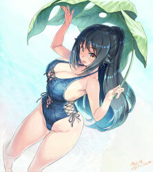 Rule 34 | 1girl, :d, absurdres, black hair, blue one-piece swimsuit, breasts, cleavage, clothing cutout, commission, curvy, denim swimsuit, from above, groin, hair flaps, highleg, highleg swimsuit, highres, kiyama satoshi, large breasts, leaf umbrella, light blush, long hair, looking at viewer, nail polish, narrow waist, navel cutout, one-piece swimsuit, open mouth, original, ponytail, refraction, side-tie swimsuit, sideboob, sideless outfit, signature, skeb commission, smile, solo, standing, swimsuit, thick thighs, thighs, very long hair, wading, wide hips, yellow eyes