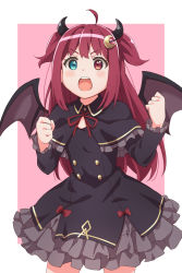 Rule 34 | 1girl, :o, absurdres, black capelet, black dress, blue eyes, blush, bow, brown wings, capelet, clenched hands, crescent, crescent hair ornament, demon girl, demon horns, demon wings, dress, fang, frilled capelet, frilled dress, frilled sleeves, frills, hair ornament, hands up, heterochromia, highres, horns, karahai (31448823), long hair, long sleeves, looking at viewer, neck ribbon, nijisanji, open mouth, pink background, red bow, red eyes, red hair, red ribbon, ribbon, solo, two-tone background, two side up, very long hair, virtual youtuber, white background, wings, yuzuki roa