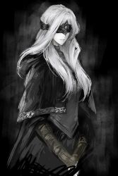 Rule 34 | 1girl, ashi (dongshi389), bandaged arm, bandages, black cape, black capelet, cape, capelet, closed mouth, commentary request, covered eyes, dark background, dark souls (series), dark souls iii, dress, eye mask, fire keeper, grey dress, grey hair, grey shirt, hair over shoulder, highres, long hair, pale skin, shirt, solo, standing