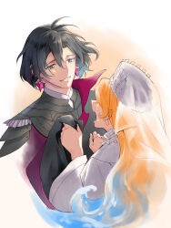 Rule 34 | 1boy, 1girl, antenna hair, armor, black armor, black cape, blonde hair, blue hair, cape, cape grab, clothes grab, constantine xi (fate), constantinople, cropped torso, crown, crying, dangle earrings, dress, earrings, facing away, fate/grand order, fate (series), gradient hair, grey eyes, hair between eyes, hand on another&#039;s chest, highres, hoop earrings, jewelry, liquid hair, long hair, long sleeves, looking at another, miyuyoko, multicolored hair, open mouth, parted lips, personification, profile, red armor, red cape, sad, short hair, shoulder armor, side cape, smile, two-sided cape, two-sided fabric, wavy hair, white background, white dress, white veil