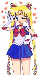 Rule 34 | 1girl, :d, bishoujo senshi sailor moon, blonde hair, blue eyes, blush, bow, bowtie, brooch, choker, crescent choker, diadem, double bun, drill hair, earrings, elbow gloves, gloves, hair bun, hair ornament, hand on own hip, hand up, highres, jewelry, long hair, magical girl, neck ribbon, one eye closed, open mouth, parted bangs, pleated skirt, q yan31, ribbon, sailor moon, sailor senshi uniform, school uniform, serafuku, skirt, smile, solo, triangle mouth, tsukino usagi, twintails, v, very long hair