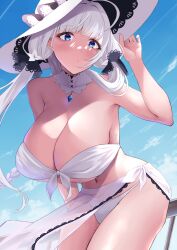 Rule 34 | 1girl, alternate costume, azur lane, bare arms, bare shoulders, bikini, blue eyes, blunt bangs, blush, breasts, cleavage, hat, highres, huge breasts, illustrious (azur lane), large hat, long hair, looking at viewer, mole, mole under eye, navel, outdoors, parted lips, see-through, strapless, strapless bikini, swimsuit, thighs, twintails, wee (weeyy), white bikini, white hat