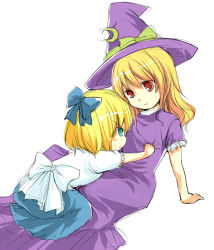Rule 34 | 2girls, alice margatroid, alice margatroid (pc-98), angry, arm support, between legs, blonde hair, blue eyes, blush, bow, child, crescent, female focus, grabbing, hair bow, hat, kirisame marisa, kirisame marisa (pc-98), long hair, long skirt, looking at another, mathnote, multiple girls, mystic square, phantasmagoria of dim.dream, red eyes, ribbon, short hair, simple background, sitting, skirt, touhou, touhou (pc-98), witch, witch hat