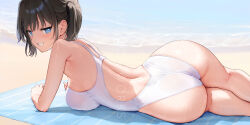 Rule 34 | 1girl, artist name, ass, back, bare arms, bare shoulders, beach, beach towel, black hair, blue eyes, day, highleg, highleg swimsuit, highres, looking at viewer, lying, mignon, non-web source, on side, original, oshiego-chan (mignon), outdoors, parted lips, shadow, shiny skin, shore, short twintails, simple background, smile, swimsuit, thighs, towel, twintails, water, water drop, wet, white swimsuit