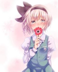 Rule 34 | 1girl, 2018, artist name, black ribbon, blue eyes, blush, breasts, buttons, collared shirt, commentary request, cowboy shot, dated, flower, flower request, green skirt, green vest, hair ribbon, highres, holding, holding flower, juliet sleeves, konpaku youmu, long sleeves, looking at viewer, neck ribbon, otowa (otoha4634), puffy sleeves, ribbon, shirt, short hair, skirt, small breasts, solo, touhou, translation request, vest, white hair, white shirt