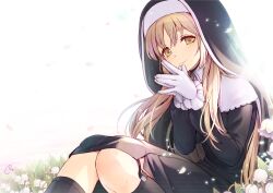 1girl black_dress blonde_hair brown_eyes capelet commentary_request dress flower gloves habit long_hair long_sleeves looking_at_viewer nijisanji nun own_hands_clasped own_hands_together petals piro_(orip) signature sister_claire sister_claire_(1st_costume) sitting solo virtual_youtuber white_capelet white_gloves