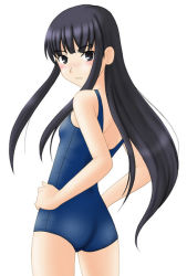Rule 34 | 1girl, ass, black hair, blue one-piece swimsuit, blush, breasts, closed mouth, cowboy shot, floating hair, from behind, futami eriko, hands on own hips, kimi kiss, legs apart, long hair, looking at viewer, looking back, one-piece swimsuit, school swimsuit, simple background, small breasts, solo, swimsuit, very long hair, white background