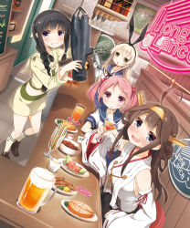 Rule 34 | 10s, 4girls, :d, alcohol, bar (place), beer mug, black eyes, black hair, blush, braid, brown hair, cup, detached sleeves, double bun, drinking glass, drunk, dutch angle, finger to mouth, food, grin, hair bobbles, hair ornament, hairband, highres, kantai collection, kitakami (kancolle), kongou (kancolle), liquor, long hair, looking at viewer, mug, multiple girls, navel, neon lights, nontraditional miko, open mouth, pink eyes, pink hair, sausage, sazanami (kancolle), school uniform, serafuku, shimakaze (kancolle), single braid, smile, submarine, torpedo, triangle mouth, twintails, watercraft, wine glass, yume no owari
