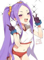 Rule 34 | 1girl, :d, artist name, breasts, buruma, cowboy shot, crop top, double v, fate/grand order, fate (series), gloves, gym uniform, hair ornament, half-closed eyes, long hair, looking at viewer, midriff, navel, open mouth, purple eyes, purple hair, red buruma, rkrk, shirt, short sleeves, sidelocks, simple background, small breasts, smile, solo, sparkle, t-shirt, twintails, twitter username, v, very long hair, white background, wu zetian (fate)