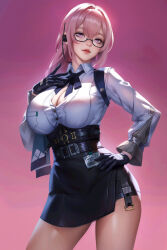 1girl belt black_belt black_gloves black_shorts breasts cleavage closed_mouth glasses gloves gradient_background hair_between_eyes hand_on_own_hip high-waist_shorts highres large_breasts long_hair looking_at_viewer pink_background pink_eyes pink_hair shorts sidelocks simple_background smile solo standing thighs tsukishiro_yanagi wo_jiushi_kanbudong zenless_zone_zero