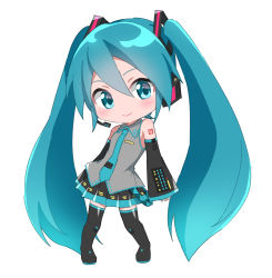 Rule 34 | 1girl, aqua eyes, aqua hair, aqua necktie, bare shoulders, belt, black skirt, black sleeves, black thighhighs, blush, boots, chibi, commentary, contrapposto, derivative work, detached sleeves, full body, grey shirt, hair ornament, hatsune miku, headphones, headset, highres, long hair, looking at viewer, miniskirt, necktie, pleated skirt, shirt, shoulder blush, shoulder tattoo, skirt, sleeveless, sleeveless shirt, sleeves past wrists, smile, solo, standing, supo01, tattoo, thigh boots, thighhighs, twintails, very long hair, vocaloid, vocaloid boxart pose, zettai ryouiki