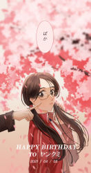 Rule 34 | 1girl, alternate hairstyle, brown eyes, brown hair, cherry blossoms, dated, finger to cheek, glasses, gokusen, hand up, happy birthday, highres, jacket, long hair, long sleeves, low twintails, outdoors, red jacket, sawada shin, standing, track jacket, twintails, upper body, yamaguchi kumiko