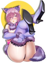 Rule 34 | 1girl, absurdres, animal ears, ass, bare shoulders, blush, boots, breasts, candy, eyes visible through hair, fate/grand order, fate (series), food, full body, fur-trimmed boots, fur-trimmed gloves, fur collar, fur trim, gloves, hair over one eye, high heel boots, high heels, highres, lace-trimmed boots, lace trim, large breasts, legs together, legs up, lying, mash kyrielight, mash kyrielight (dangerous beast), mouth hold, numaguro (tomokun0808), official alternate costume, on back, own hands together, pink hair, purple eyes, purple footwear, purple gloves, revealing clothes, shoe soles, short hair, solo, tail, two side up, underboob, wolf ears, wolf tail