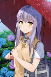 Rule 34 | 1girl, asato (fadeless), bag, bang dream!, blue flower, blush, brown necktie, collared shirt, commentary request, flower, haneoka school uniform, highres, holding, holding umbrella, hydrangea, long hair, looking at viewer, minato yukina, necktie, outdoors, purple flower, rain, school bag, school uniform, shirt, short sleeves, silver hair, smile, solo, striped necktie, striped neckwear, sweater vest, umbrella, upper body, white shirt, yellow eyes
