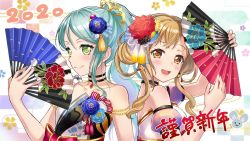 Rule 34 | 2020, 2girls, :d, alternate hairstyle, aqua hair, back, bang dream!, bare shoulders, black choker, black flower, blonde hair, blue flower, blush, brown eyes, chinese zodiac, choker, collarbone, commentary request, corsage, detached sleeves, earrings, flower, folding fan, green eyes, hair flower, hair ornament, hair up, hand fan, hikawa sayo, holding, holding fan, ichigaya arisa, japanese clothes, jewelry, kanzashi, looking at viewer, multiple girls, new year, official art, open mouth, ponytail, red flower, see-through, see-through sleeves, sidelocks, smile, tassel, upper body, year of the rat, yellow flower