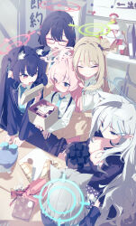 5girls absurdres animal_ear_fluff animal_ears ayane_(blue_archive) black_hair black_skirt blonde_hair blue_archive blue_eyes blue_jacket blue_necktie blush box brown_vest closed_eyes closed_mouth cross_hair_ornament fang from_above gift gift_box grey_hair hair_bun hair_ornament heterochromia highres holding holding_box hoshino_(blue_archive) jacket long_hair looking_at_another multiple_girls necktie nonomi_(blue_archive) open_mouth pink_eyes red_eyes serika_(blue_archive) shiroko_(blue_archive) shiroko_terror_(blue_archive) shirt sidelocks single_side_bun skin_fang skirt smile tamagore twintails very_long_hair vest white_shirt wolf_ears wolf_girl yellow_eyes