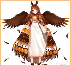 Rule 34 | 1girl, animal ears, artist name, blush, breasts, brown wings, cleavage, collarbone, commentary, commission, deviantart logo, dress, highres, instagram logo, large breasts, long hair, long sleeves, looking at viewer, medium breasts, original, puppypaww, simple background, sketch, smile, solo, twitter logo, white background, wings, yellow eyes