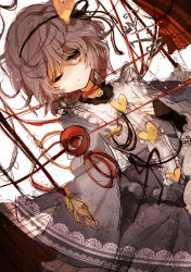 Rule 34 | 1girl, :&lt;, black gloves, black ribbon, blue dress, buttons, closed mouth, collared dress, commentary, curtains, dress, dutch angle, fingerless gloves, floral print, gloves, hair ornament, hair ribbon, hand up, heart, heart button, heart hair ornament, hisona (suaritesumi), komeiji satori, long sleeves, one eye closed, purple eyes, purple hair, red eyes, ribbon, rose print, short hair, sketch, solo, third eye, touhou, wide sleeves